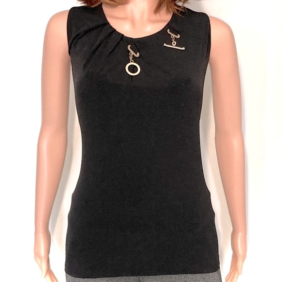 ❌SOLD❌XL•IVANKA TRUMP•SEXY BLACK BLOUSE W GOLD METAL NECK DETAIL• - Picture 2 of 5